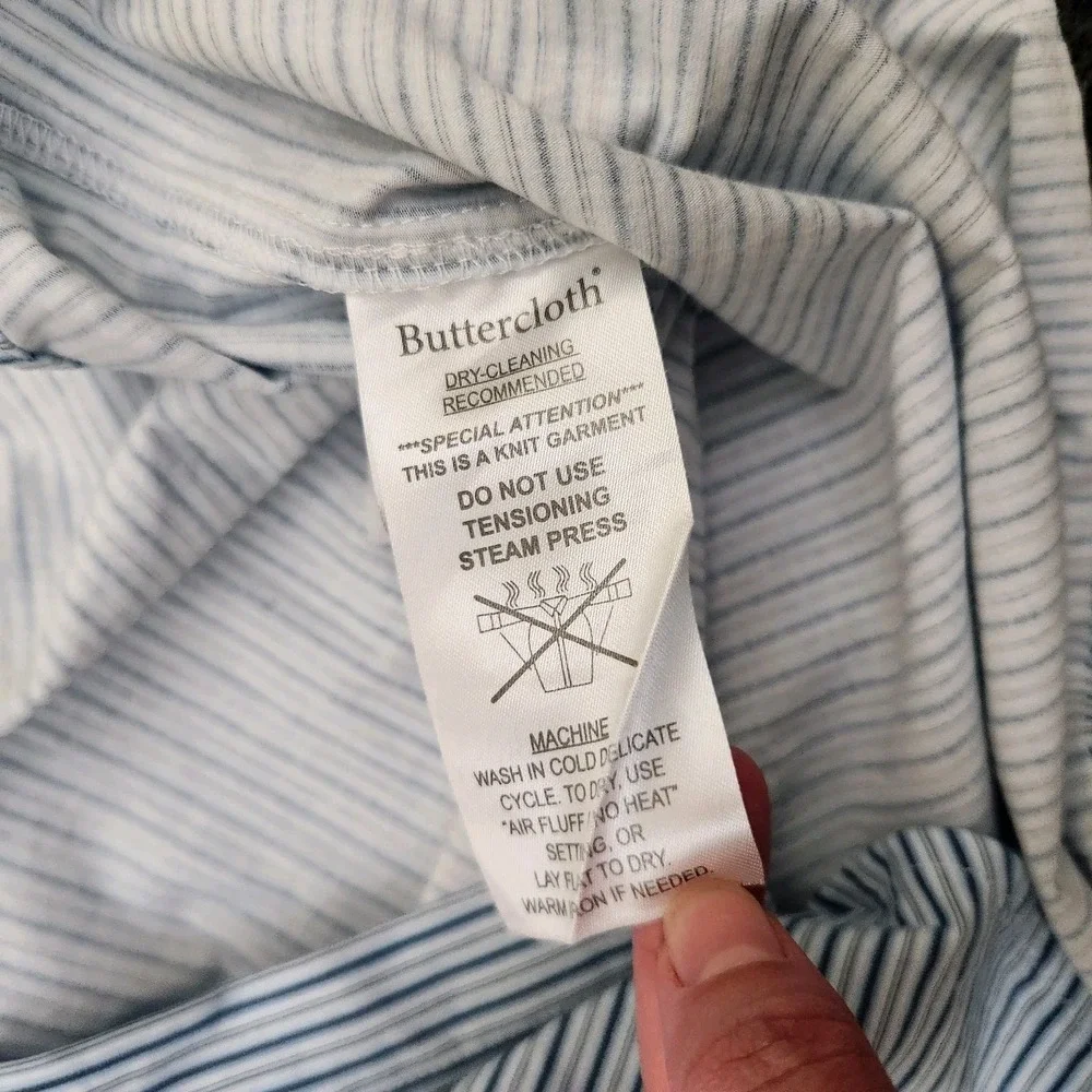 Buttercloth Mens Large Blue White Striped Icy Cotton Regular Fit Button Up Shirt